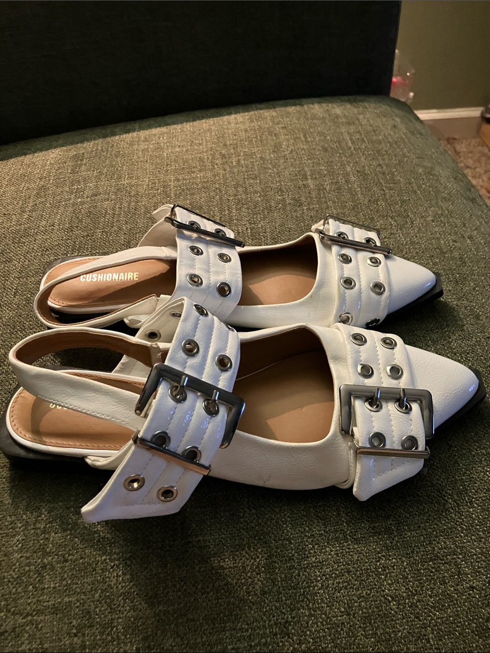 Brash White Eyelet Buckle Slingback Flats